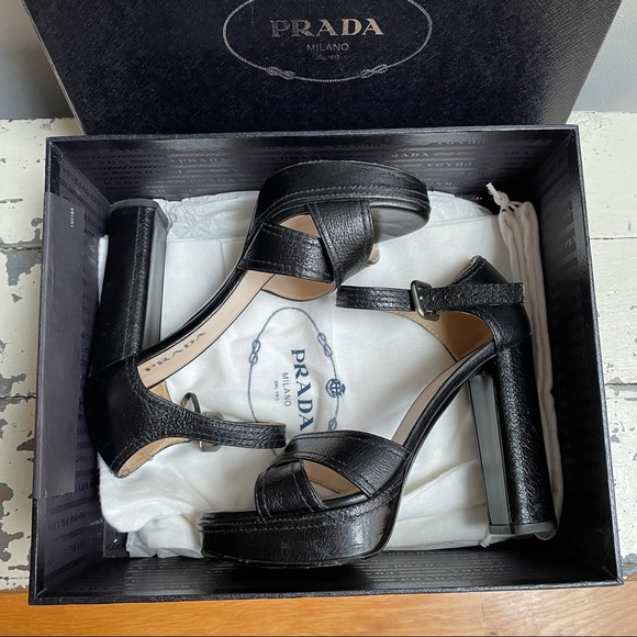 Prada Madras Classic Nero Open Toed Platform Heels - Picture 2 of 15